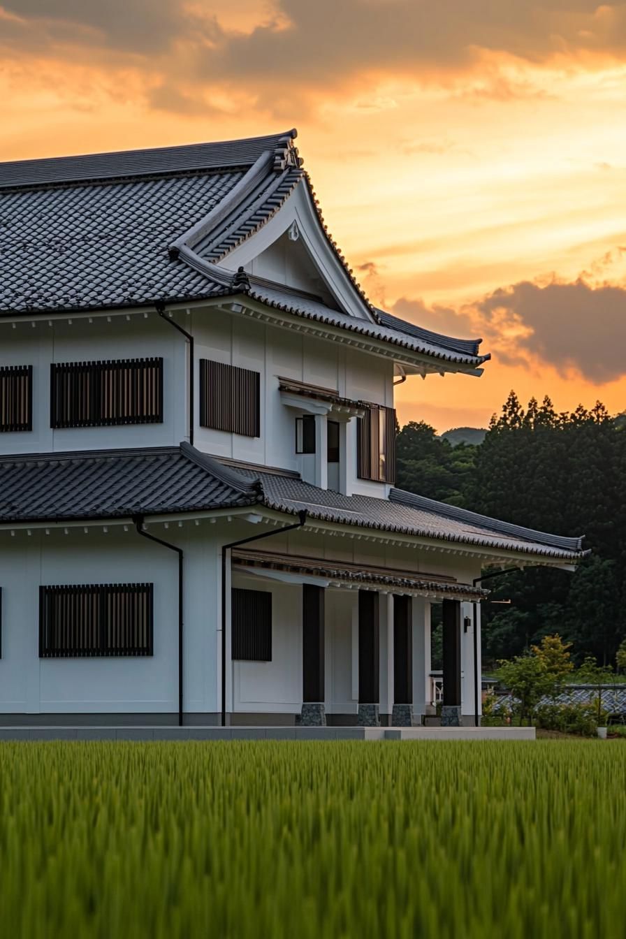 Japanese-style home with intricate roof design at sunset