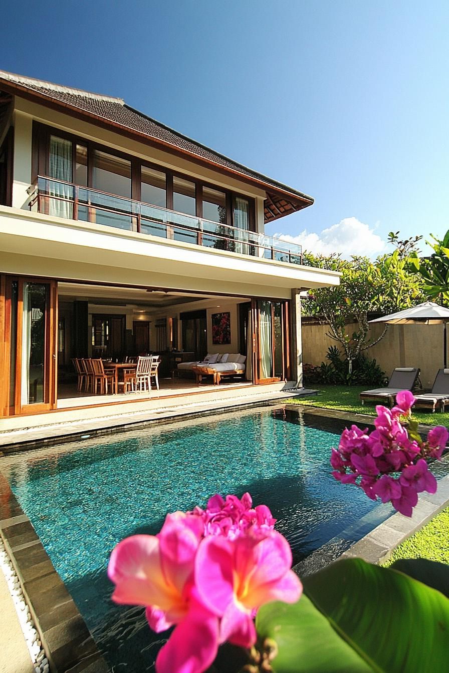 Luxury villa with pool and tropical flowers