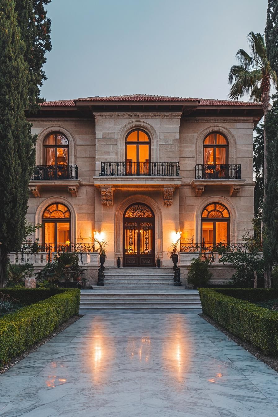 Illuminated grand house with arched windows