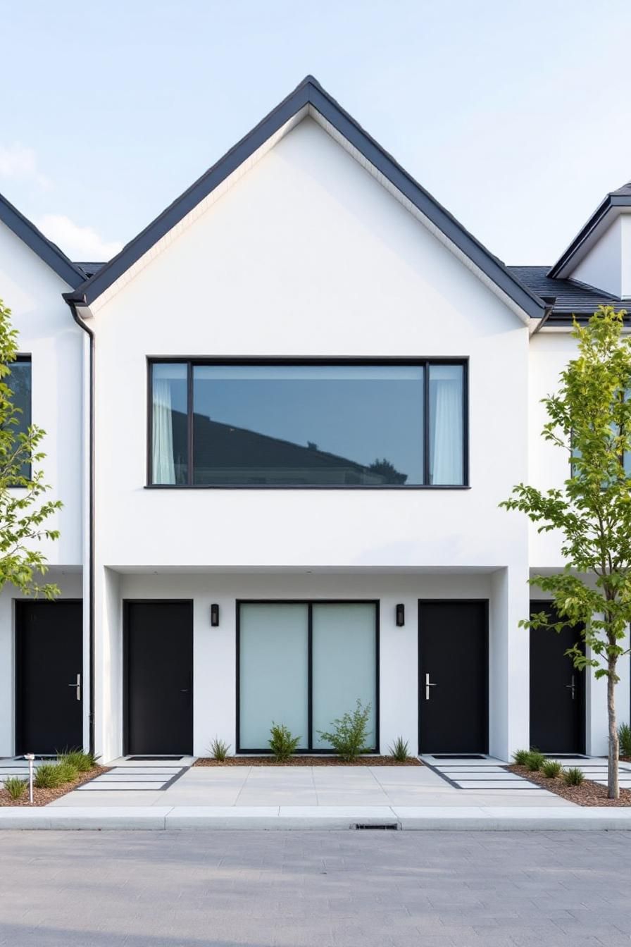 White townhouses with black doors and large windows