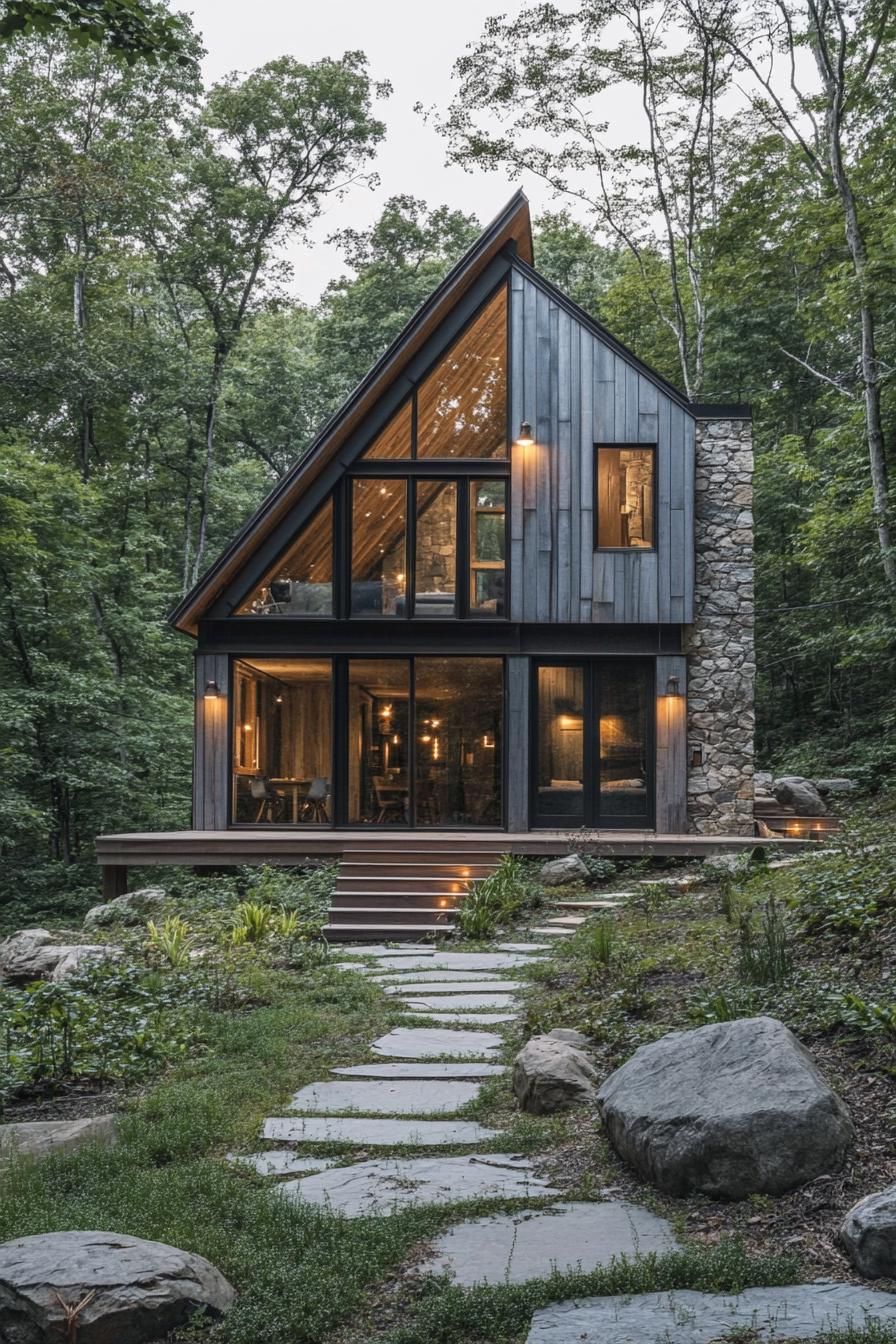 Modern mountain cabin with large windows and wooden exterior amidst lush greenery