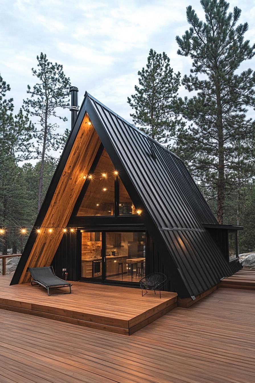 modern tiny a frame cabin on a large wooden deck black metal roof reclaimed wood siding eave and porch cover clean deck v 6.1