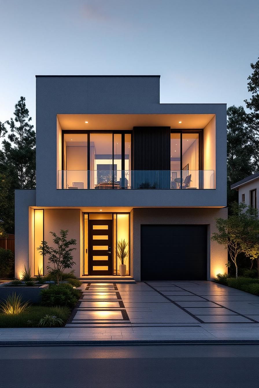 Modern two-story home illuminated in the evening