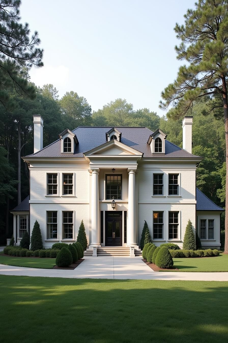 White manor with pillars surrounded by greenery