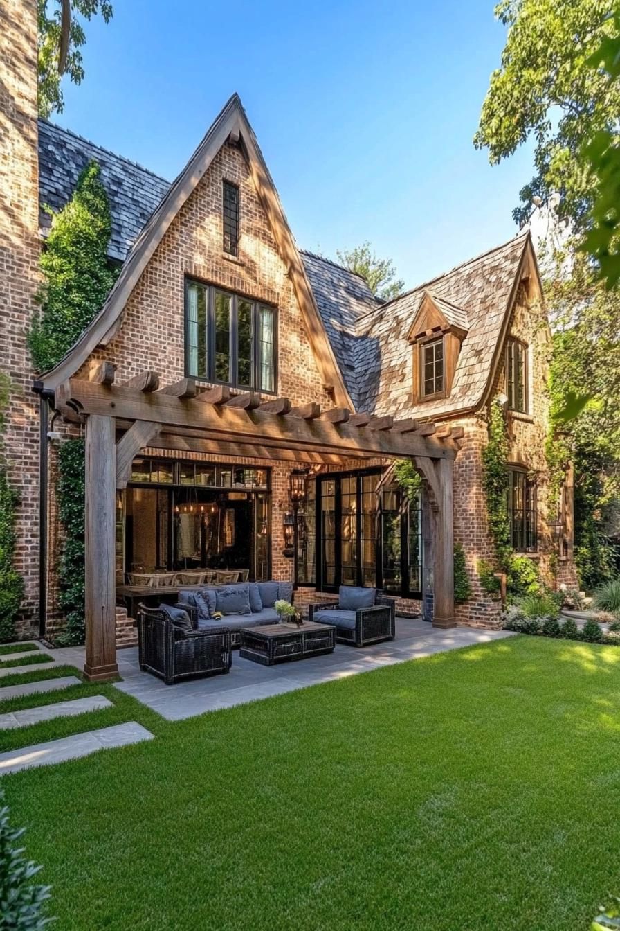 Tudor-style house with a modern patio