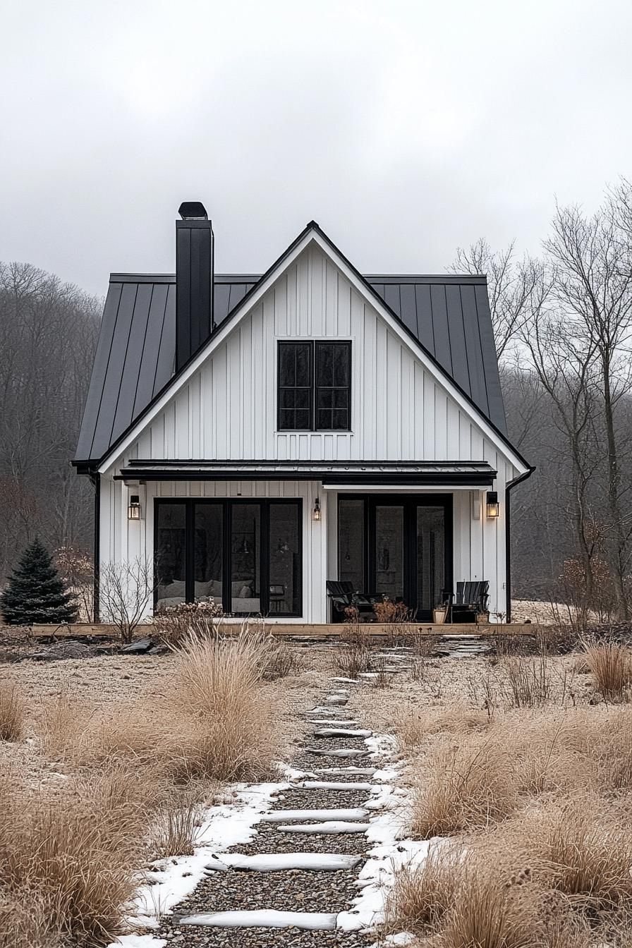 Modern barn house with black roof and snowy path