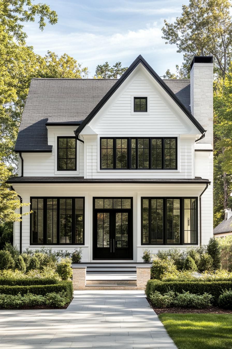 Modern white house with black details and lush greenery