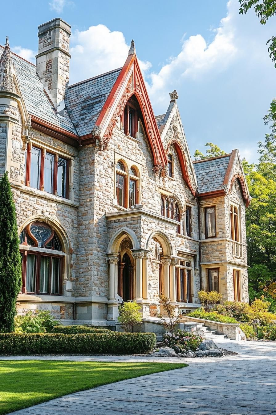 limestone brick manor with ornate gables large windows entrance with columns neat lawn landscaping 2