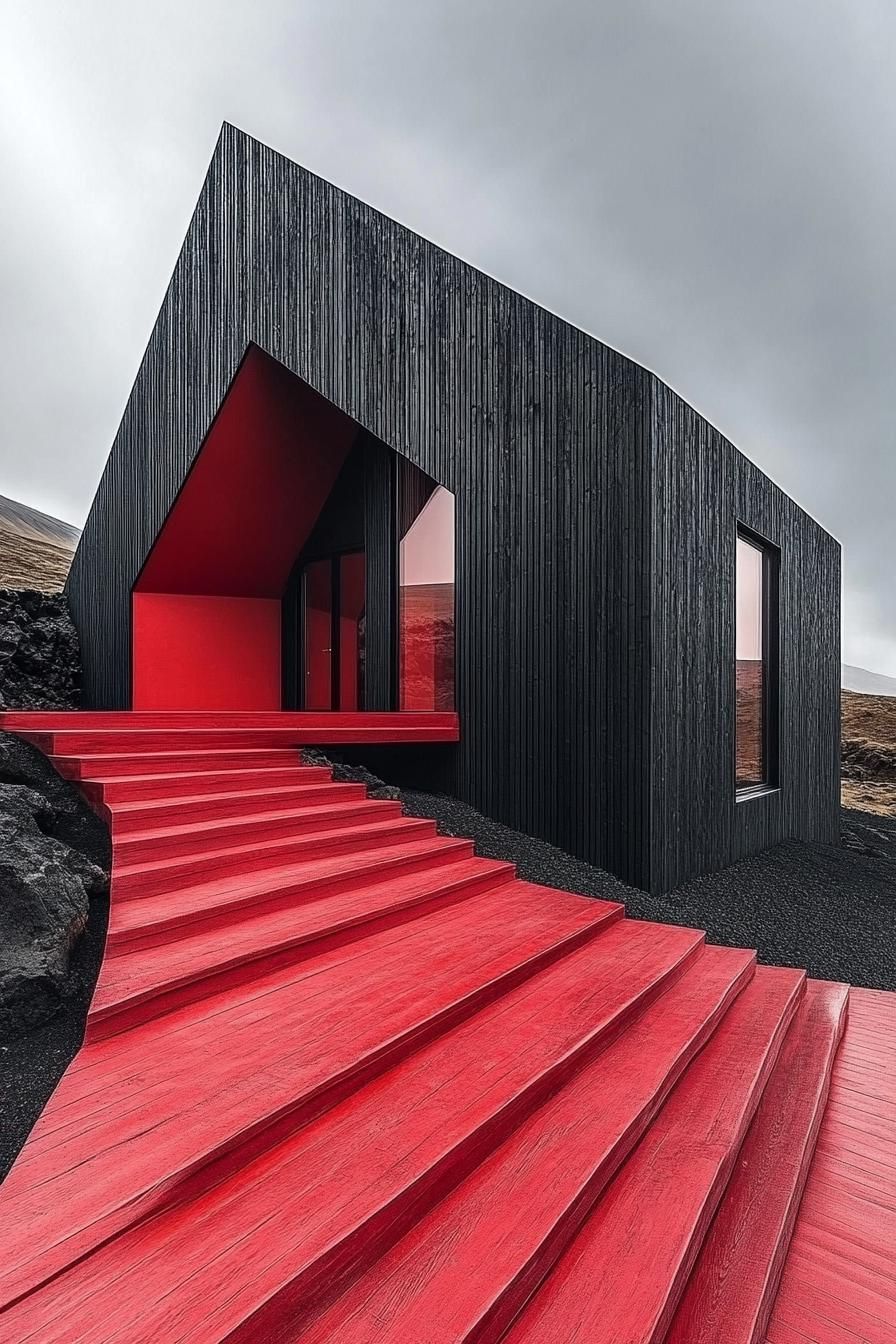 Modern house with black wood and red accents