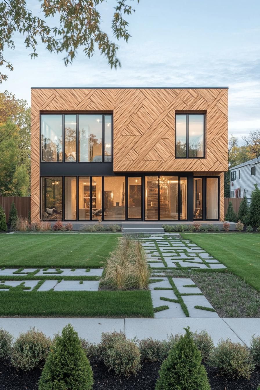 contemporary house geometric facade in all wood siding with pattern slatting large windows landscaping with geometric shrubs and lawn no roof 2