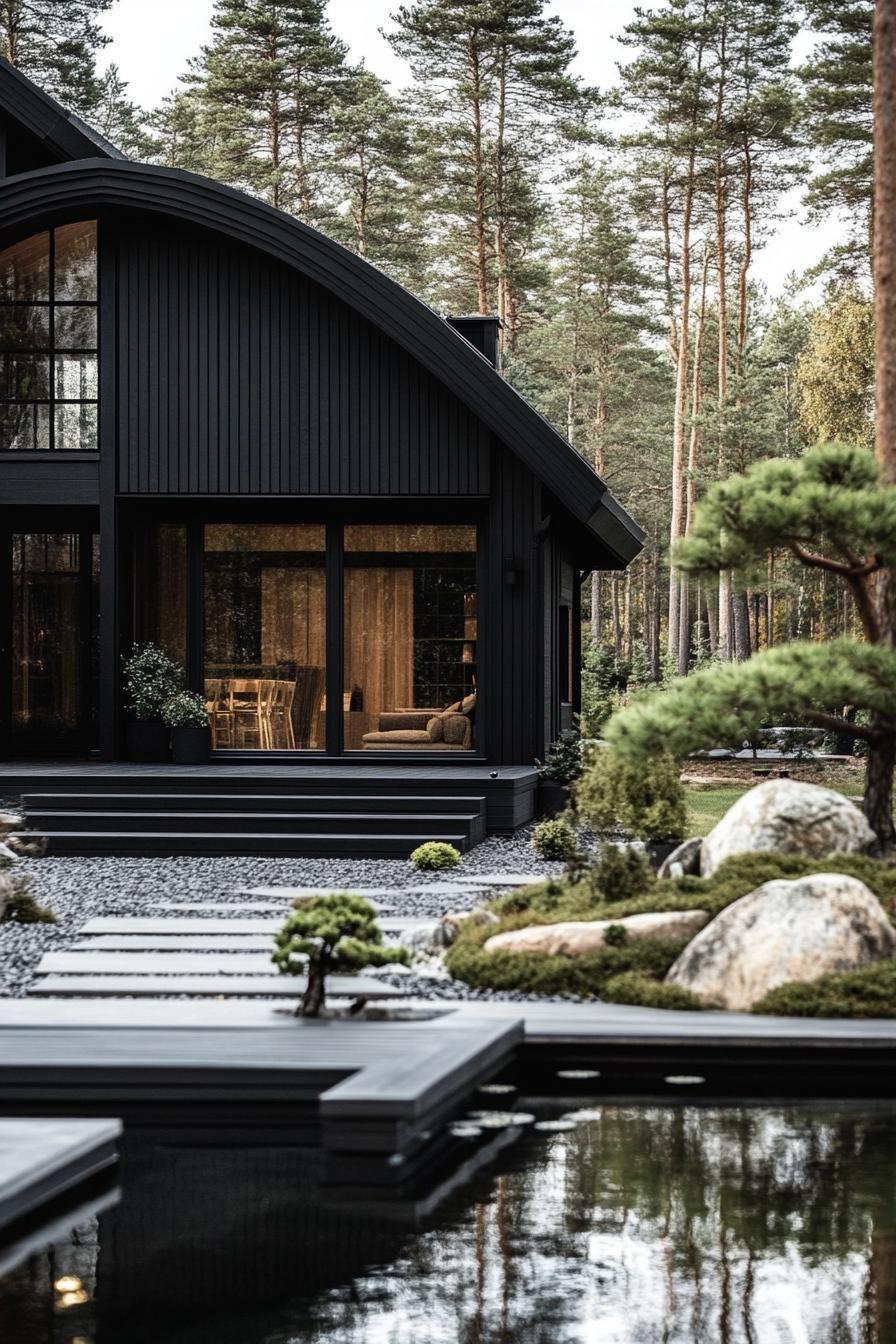 modern forest villa design black siding with dark wood accents front yard with a large modern arch with black outside and wooden inside large porch