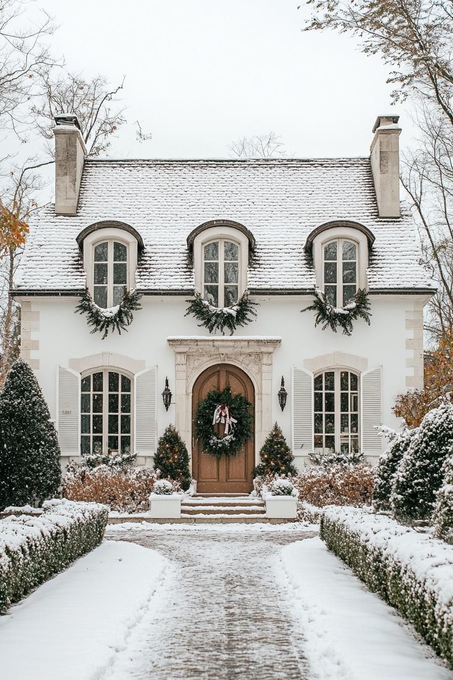 front view of a French style cottage with arched dormers white siding windows with shutters square arch entrance decorated with winter greenery 2