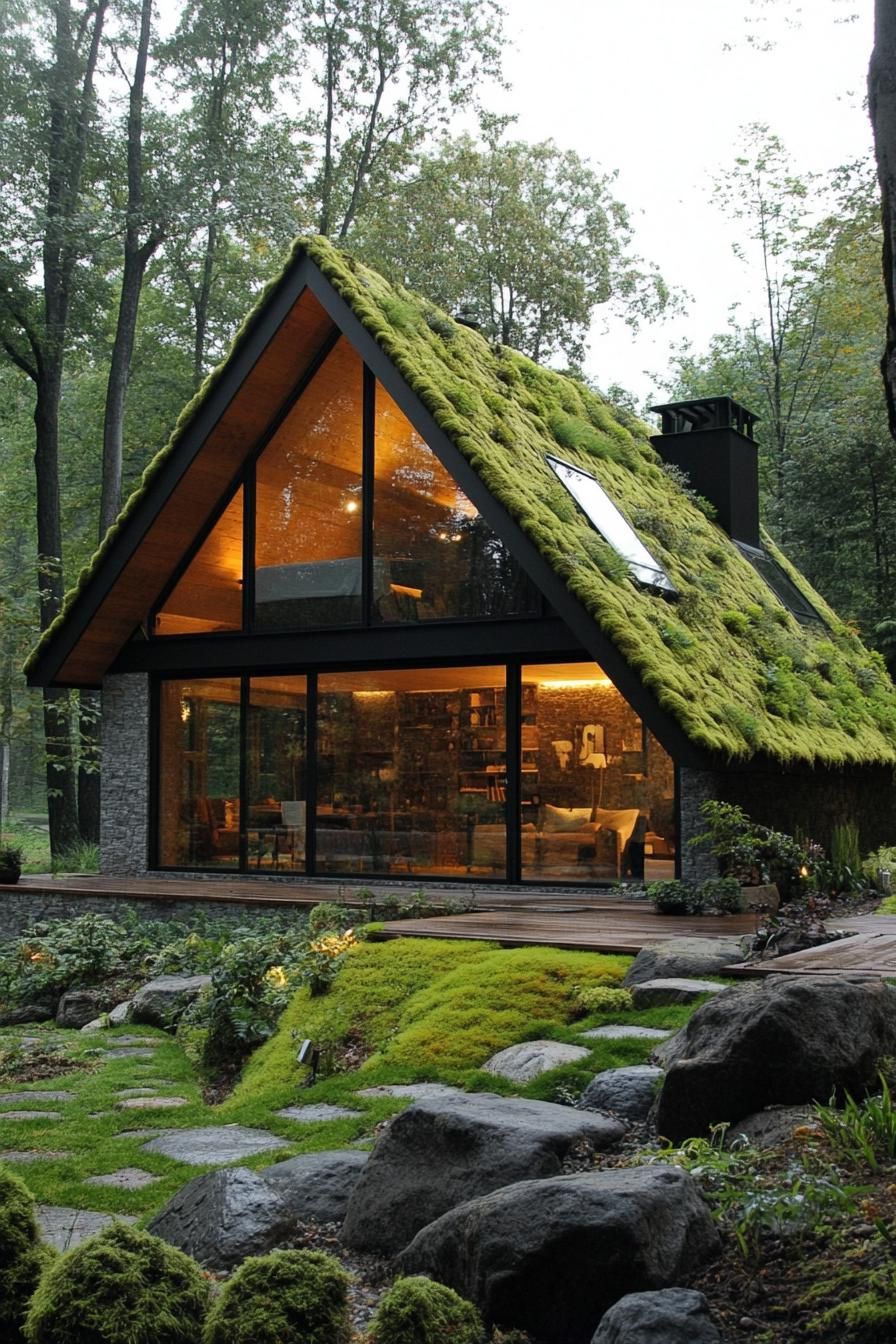 tiny forest modern luxury cabin with slanted moss roof full glass front