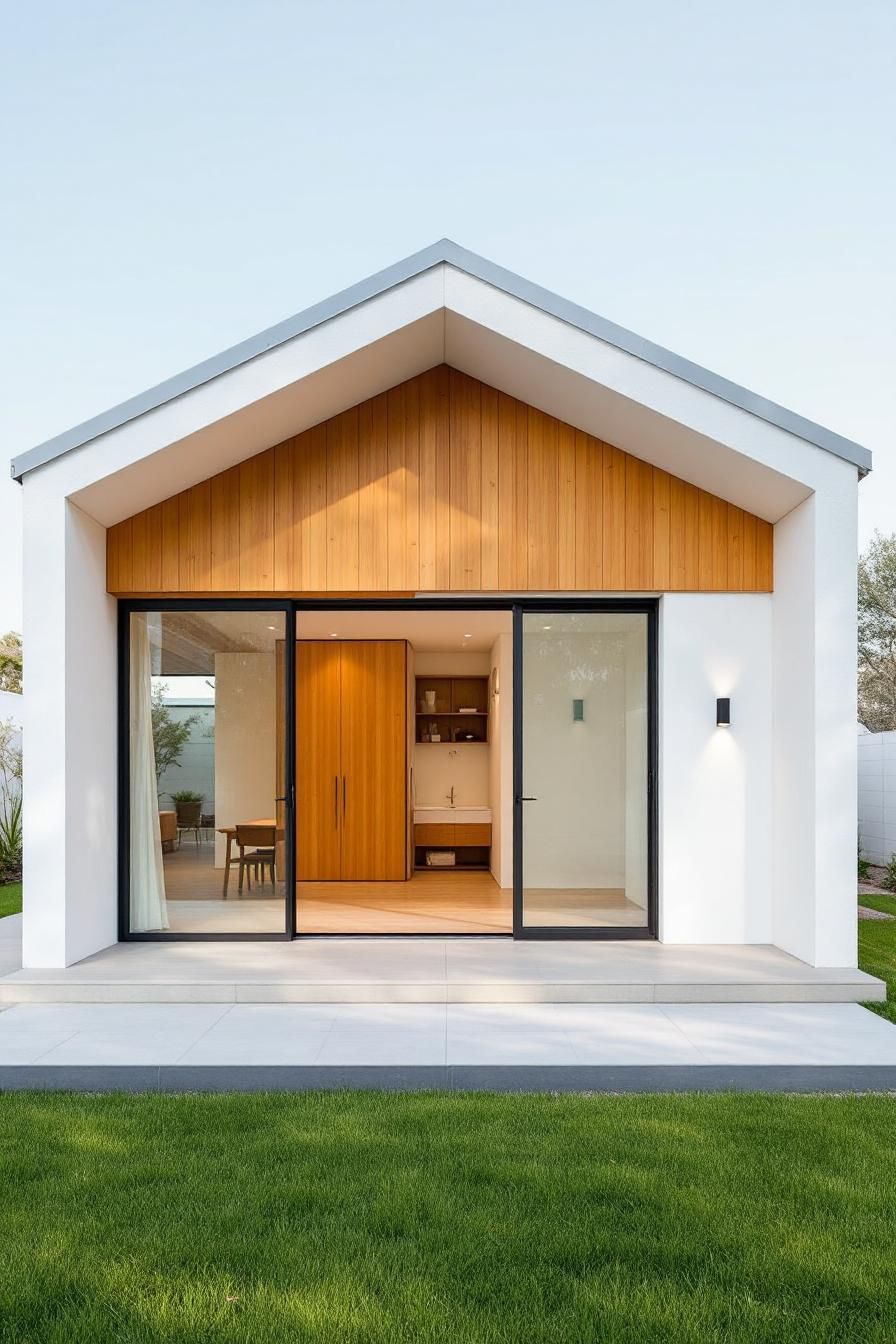 Gabled ranch house with wooden accents and large glass doors