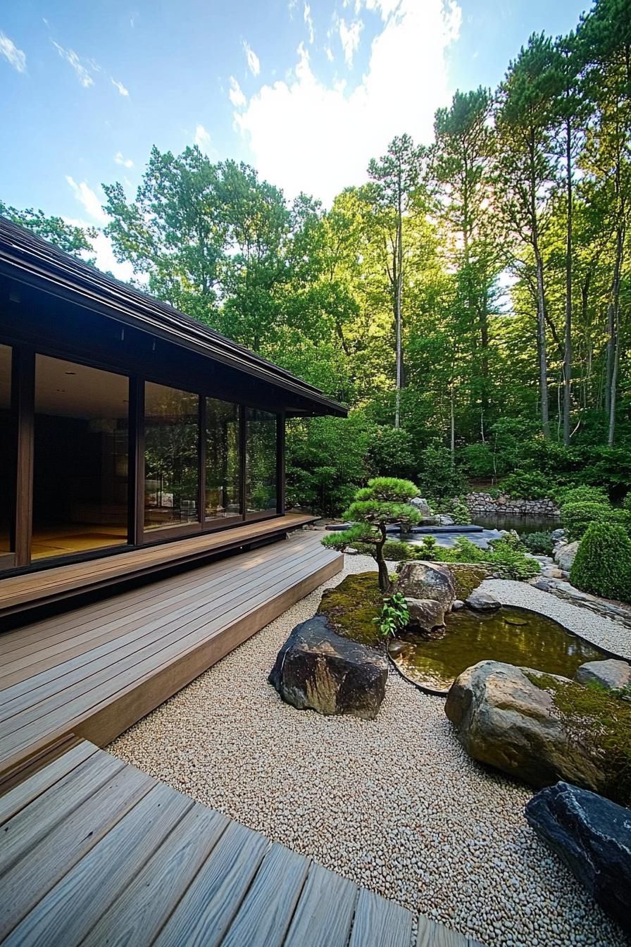 Calm zen garden with wooden deck and lush greenery