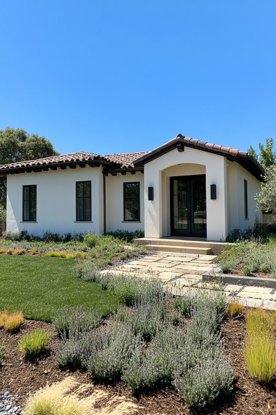 White house with brown roof and welcoming pathway