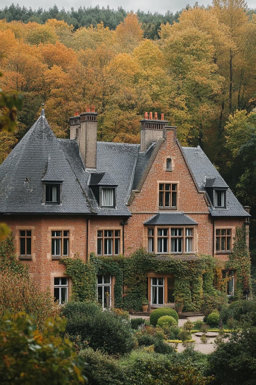 high angle view of large manor house with brick siding modern windows roof with gables and grey stone shingles chimney vines on facade front