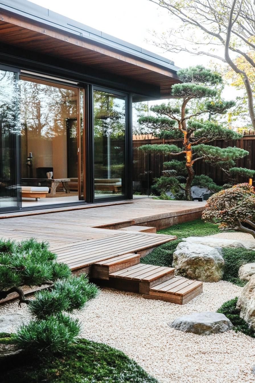 Japanese courtyard house with wooden steps and garden