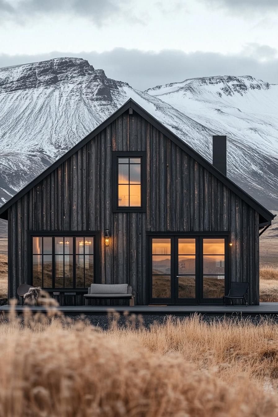 Dark wood cabin with glowing windows and mountain backdrop