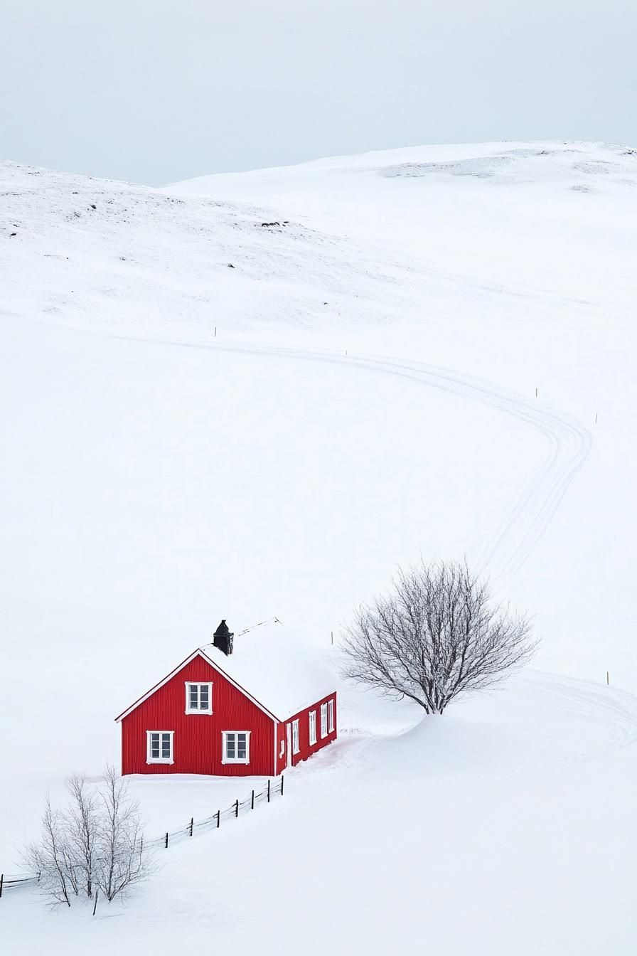 high angle view of a red nordic house in Icelandic winter landscape 1