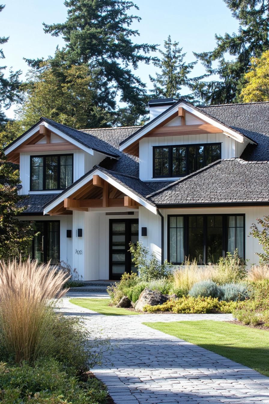 Modern house with gabled roofs in a forest setting