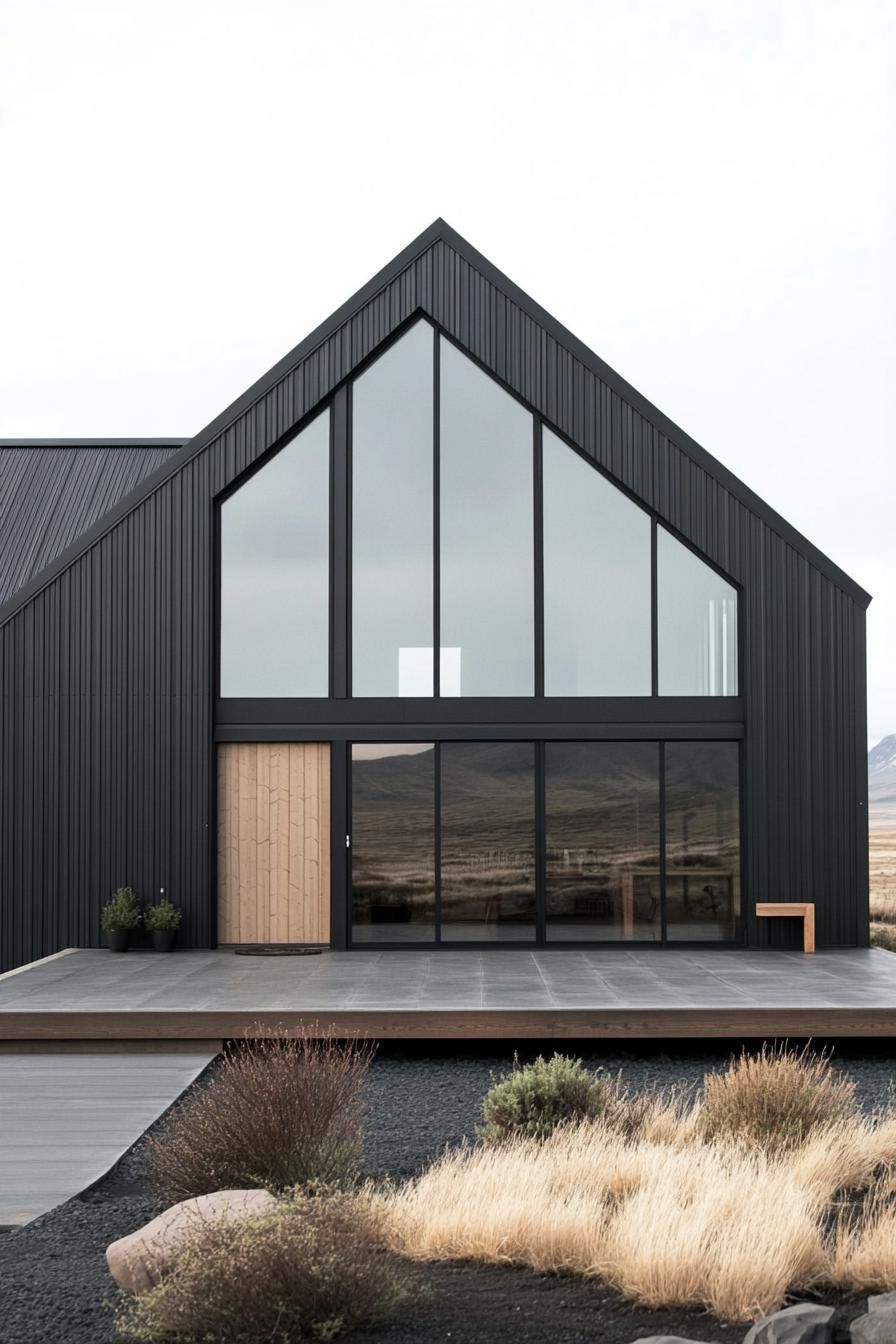 Tall glass-fronted barndominium with black metal cladding