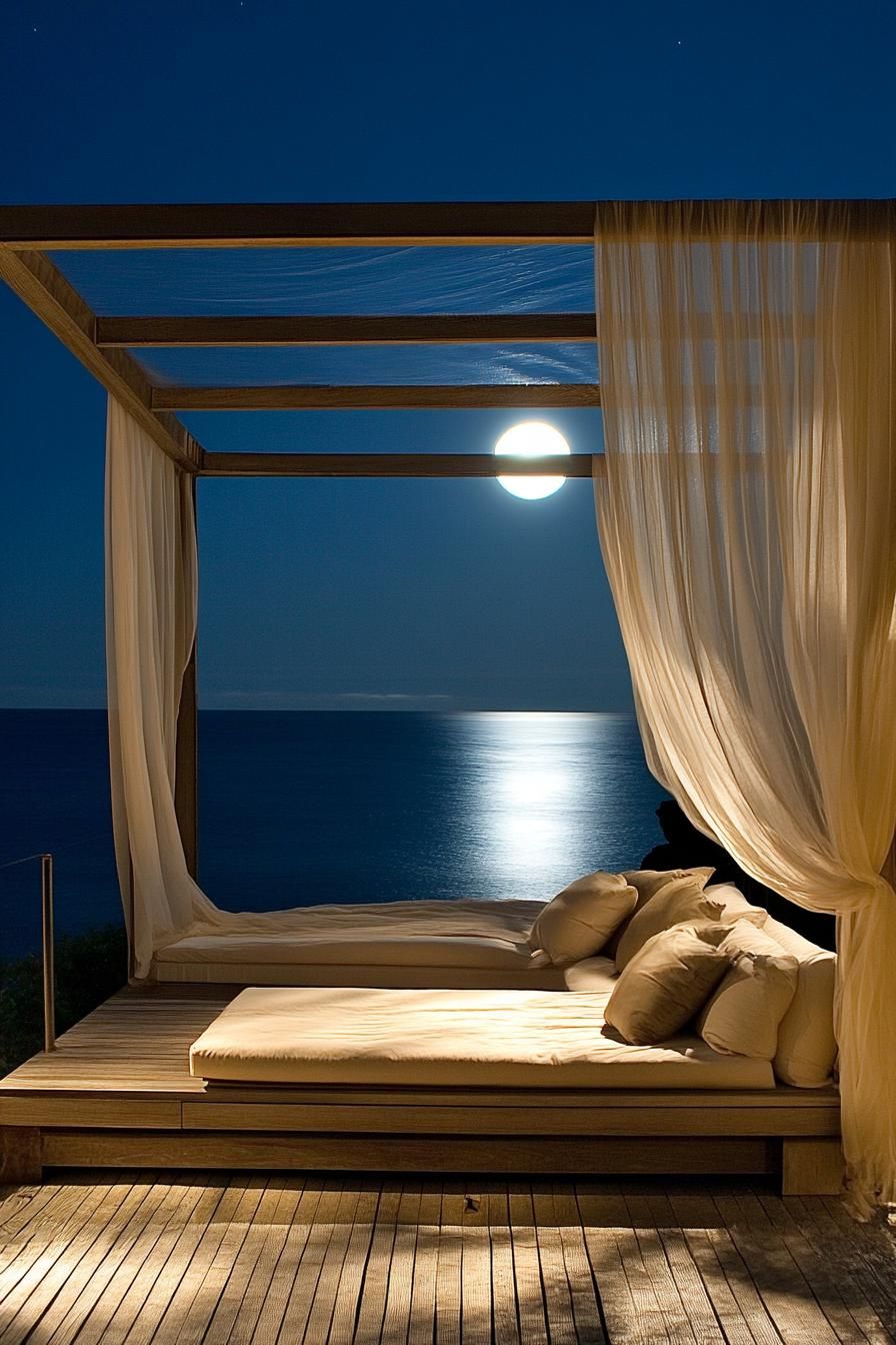 seafront deck with minimalist modern furniture canopy frame and sheer drapes night full moon lit sea view dreamscape 2