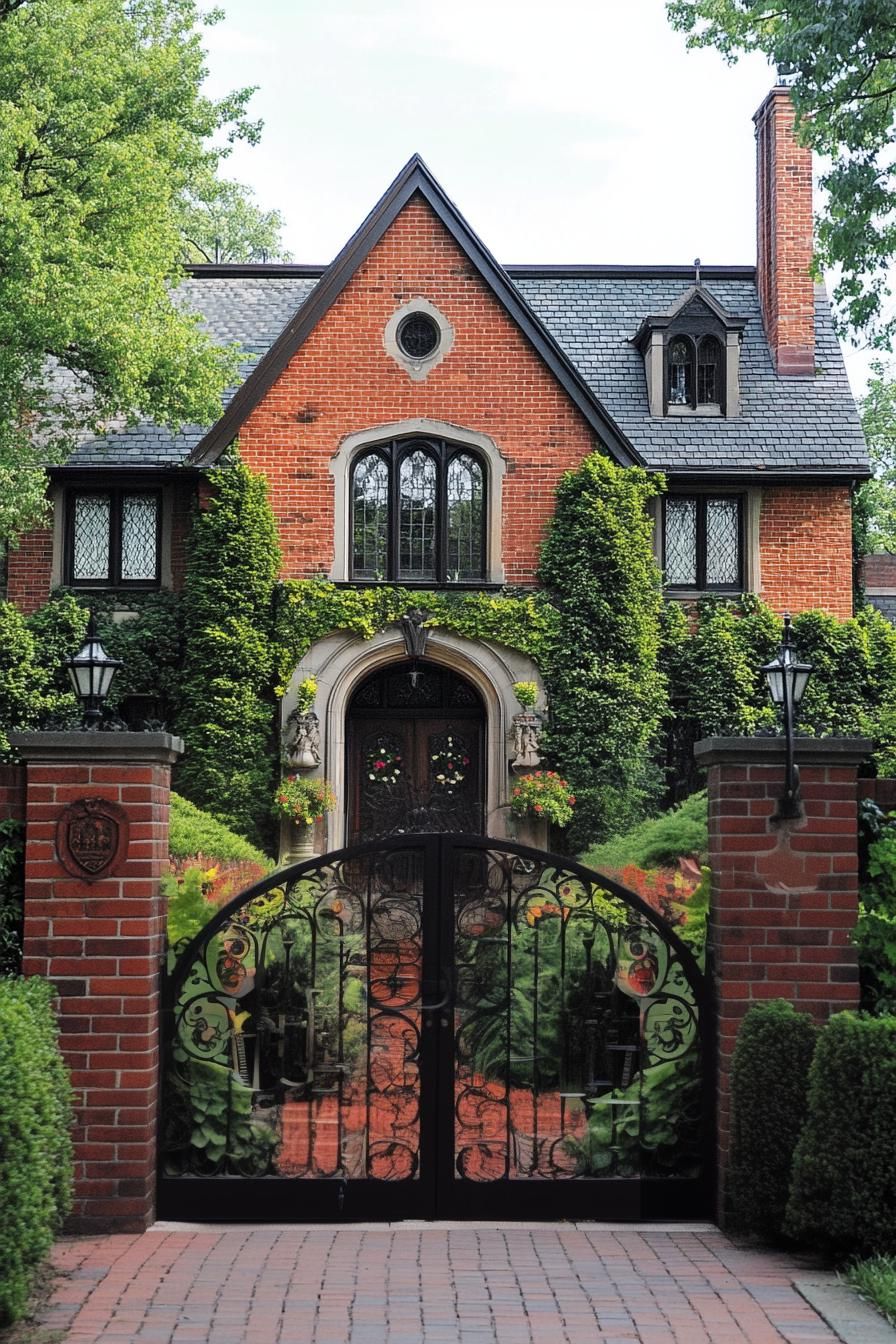 red brick English manor house facade with flower vines front yard with geometric shrubs front red brick fence with iron gate 1