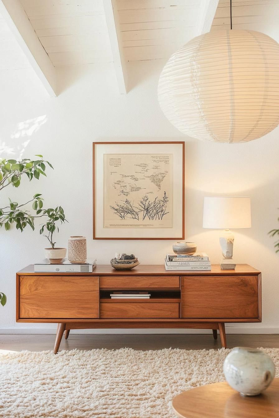 Mid-century living room with wooden furniture and minimal decor