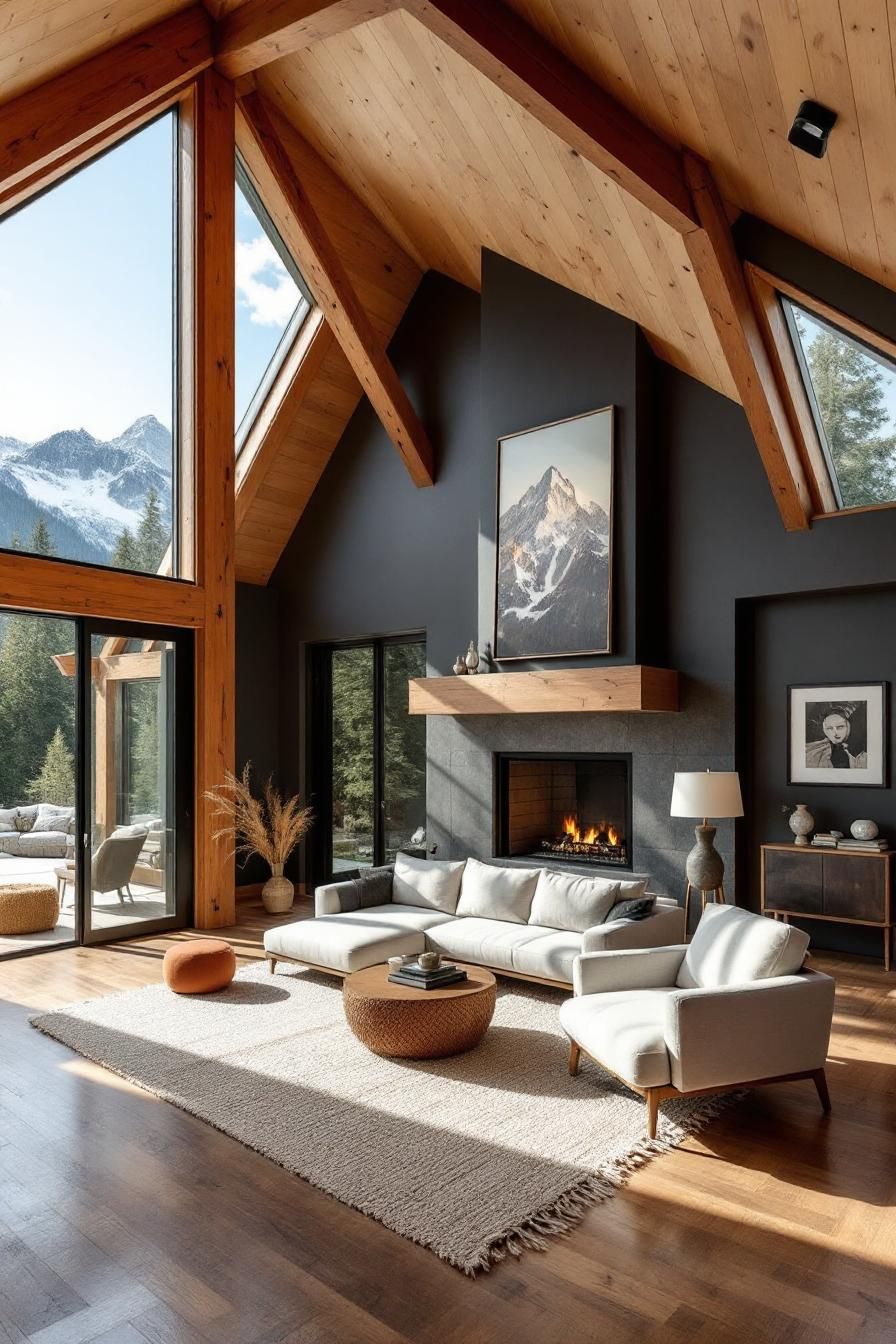 Luxury wood cabin interior with fireplace and mountain views