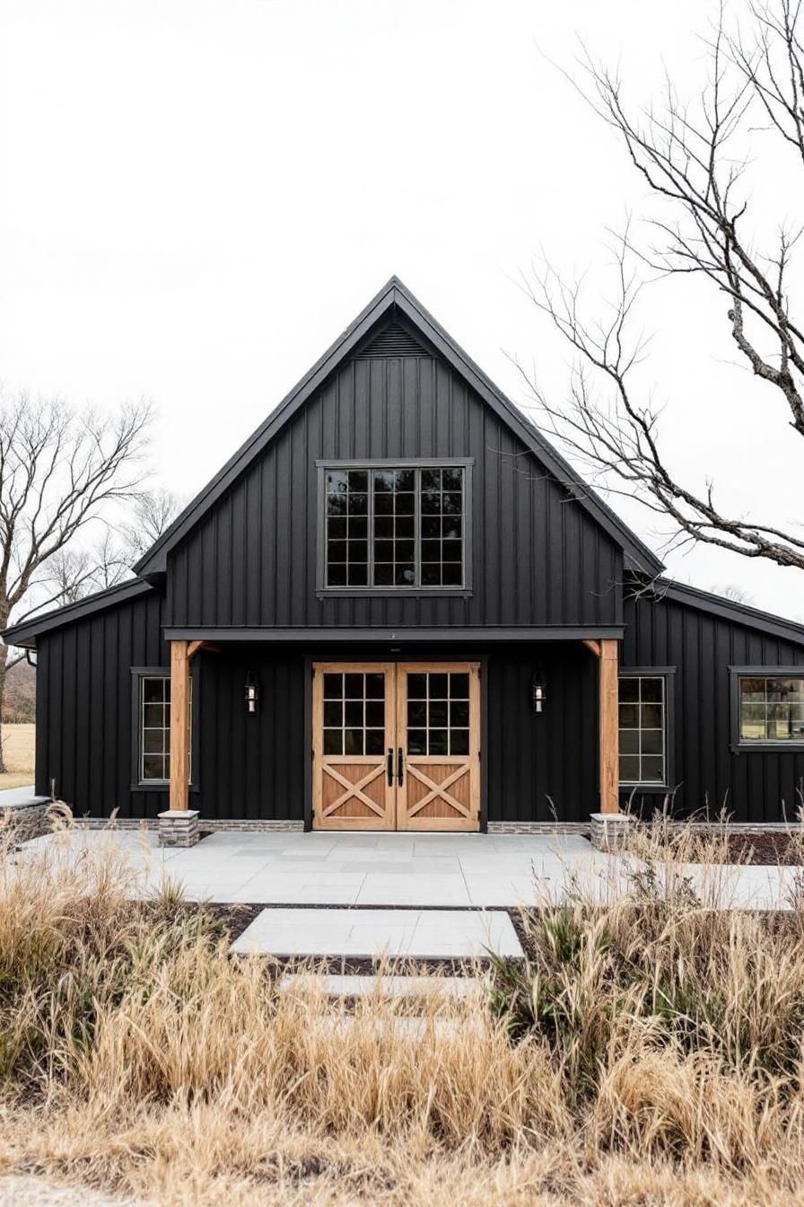 A modern black barndominium with wooden accents