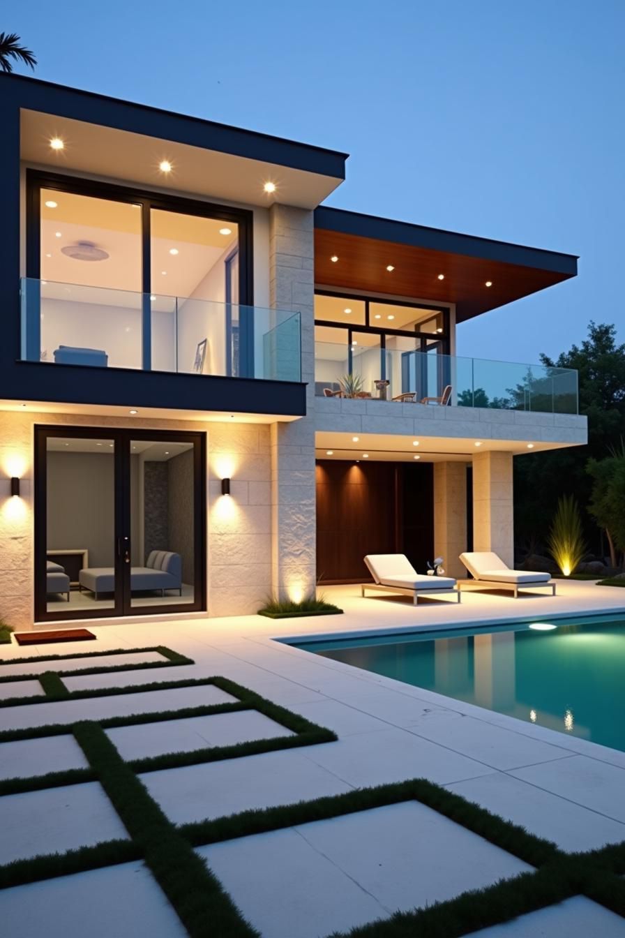 Modern house with poolside view at dusk