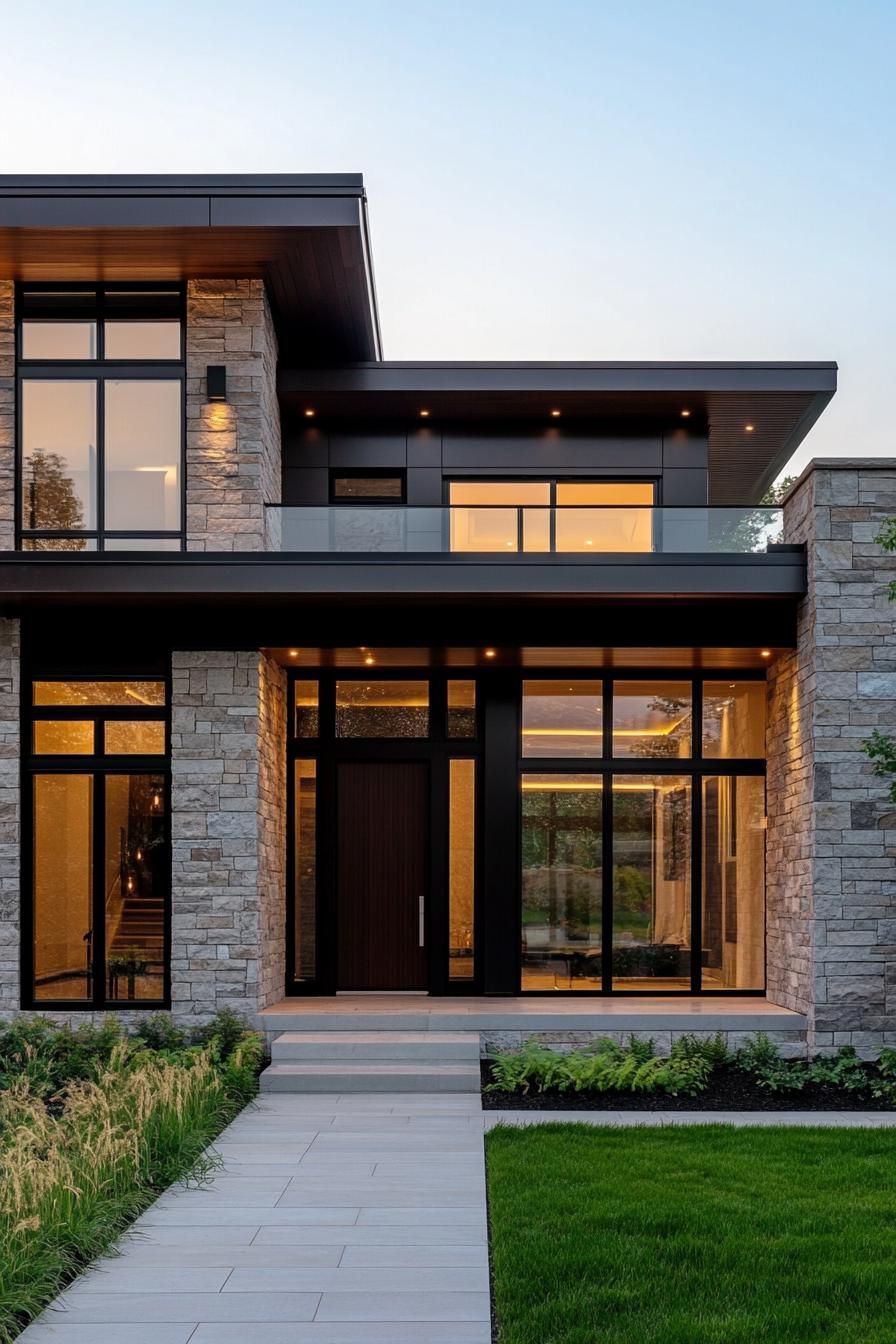 Sleek glass and stone modern home exterior