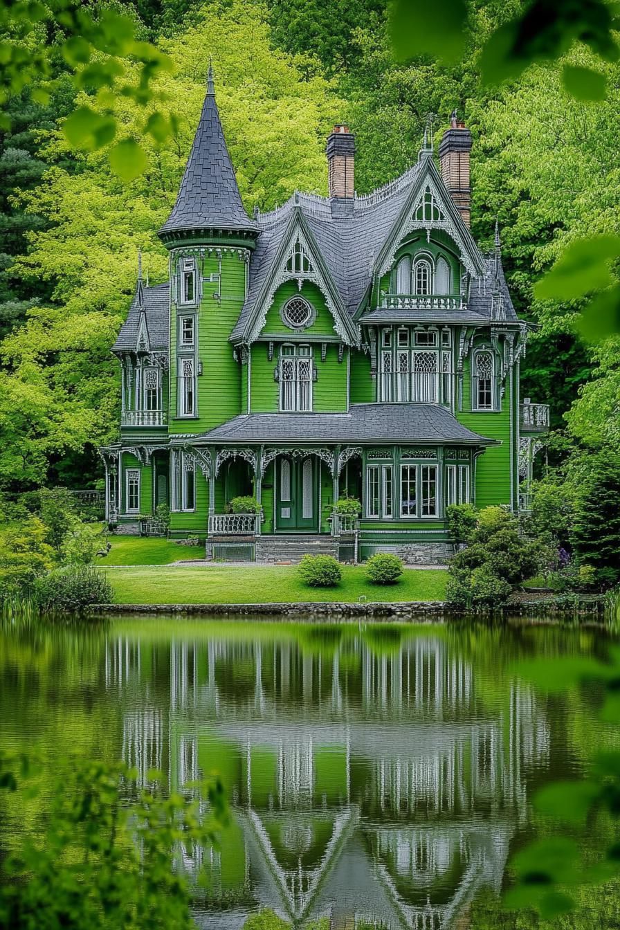 Victorian mansion with vibrant green facade grey roof with turrets lakeside in lush green leafy woodland 2