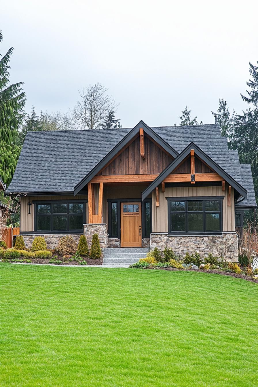 Charming ranch house with a grey roof surrounded by greenery