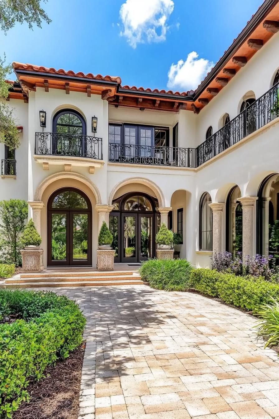 Mediterranean style house with arches and lush greenery