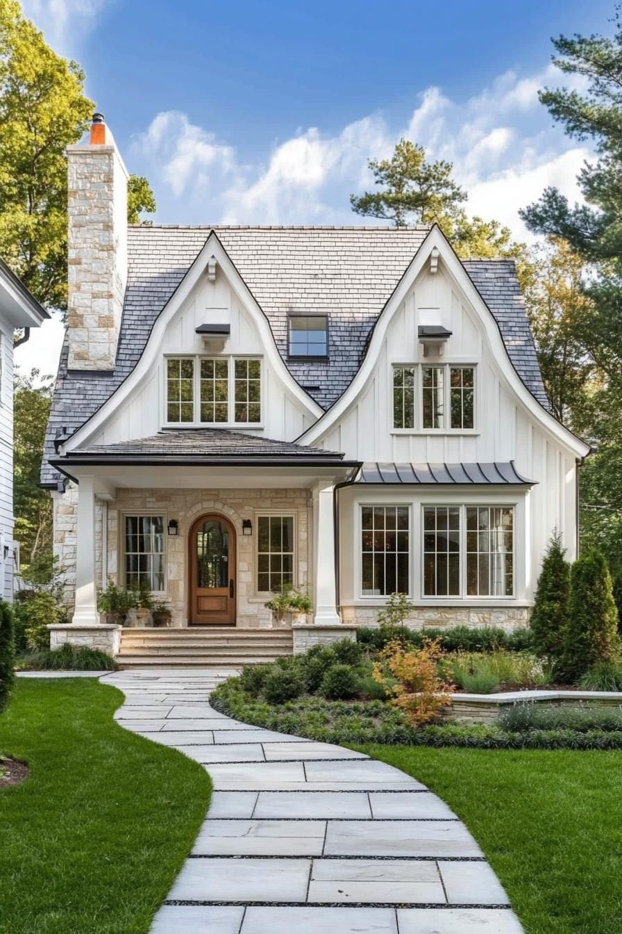 modern cottage with white clapboard siding stone grey multi pitch roof with dormers chimney large arched porch with columns and steps large white 1