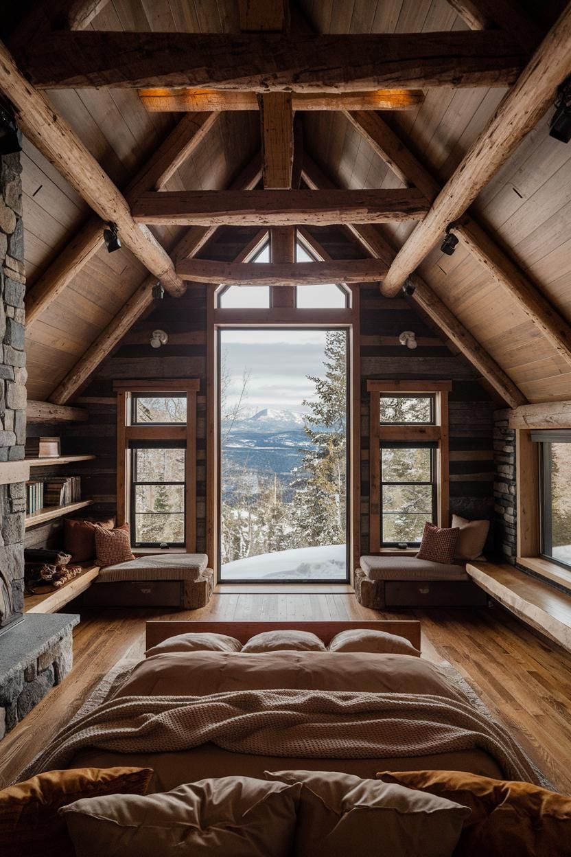 Log cabin interior with big window view of snowy mountains