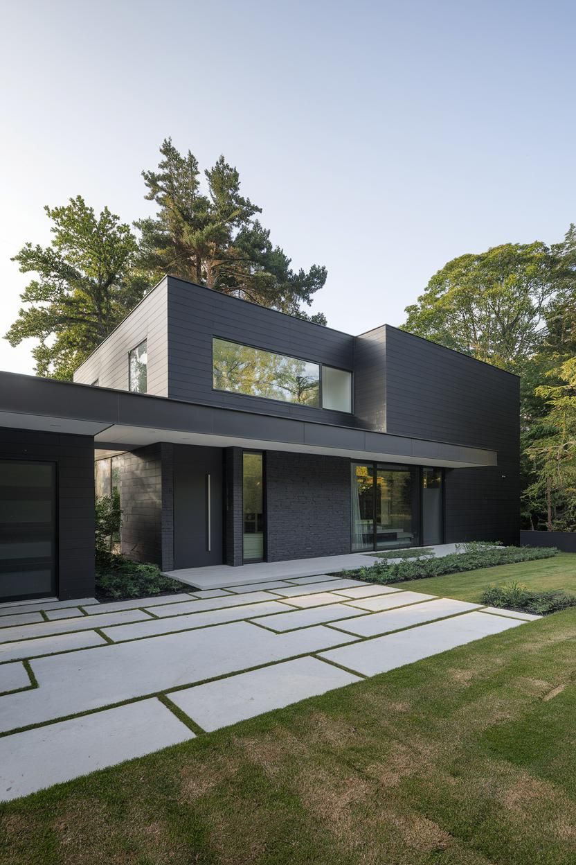 Contemporary black house with lush green surroundings