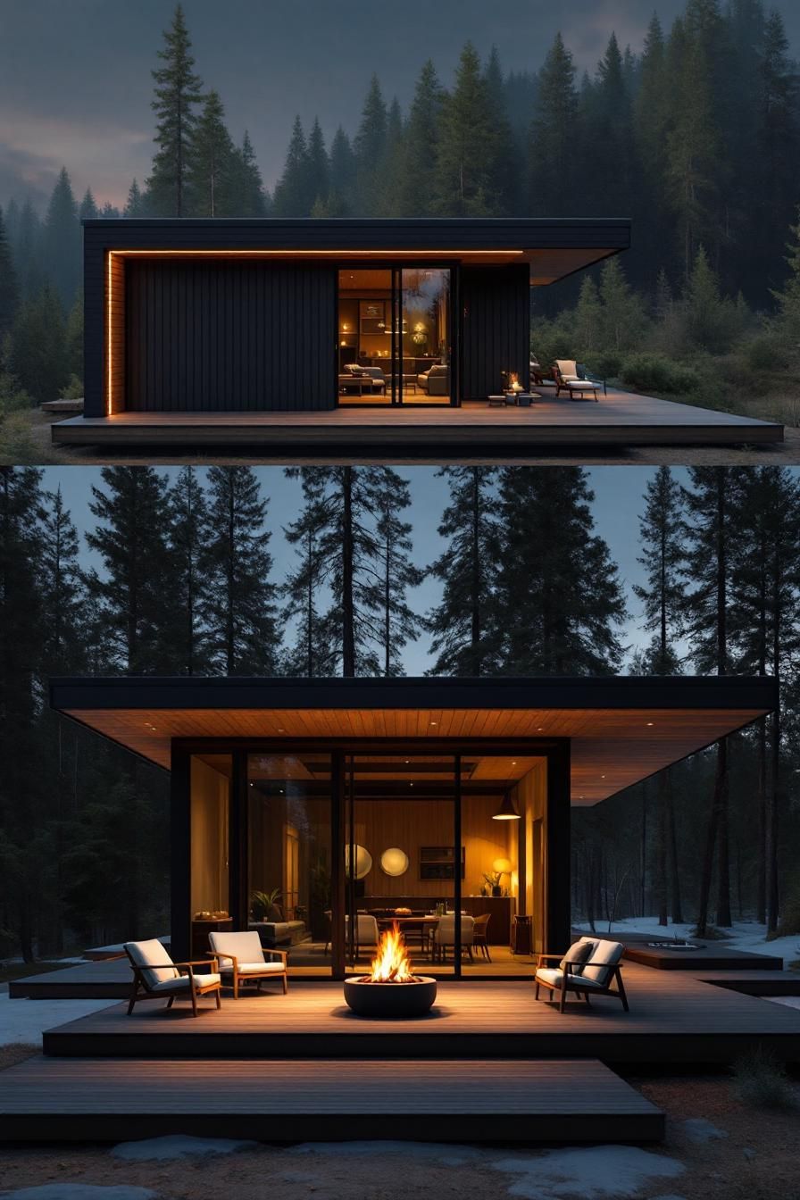 Sleek cabin with fire-lit patio amidst tall trees