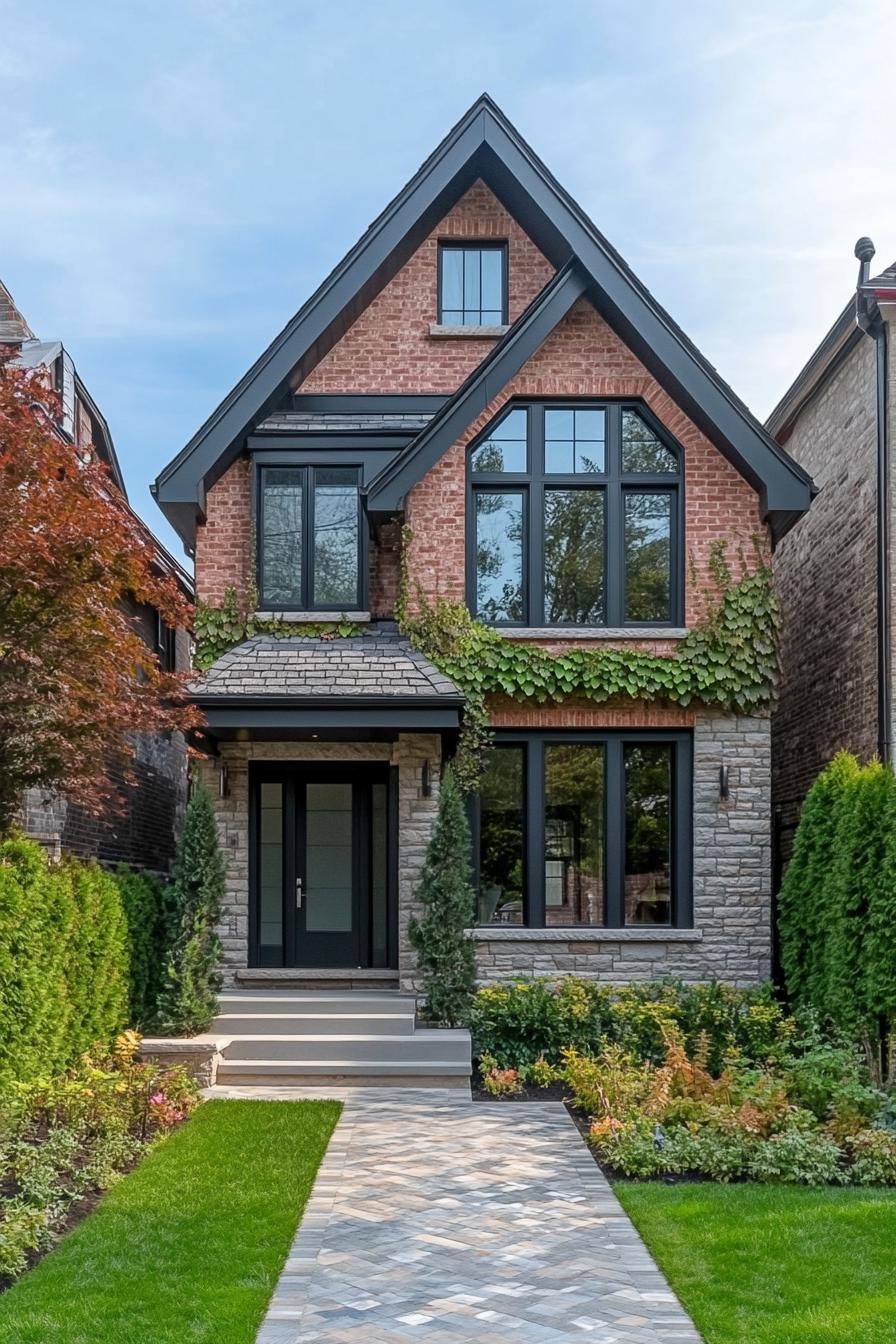 Front view of a stone house with tall windows and ivy on the facade