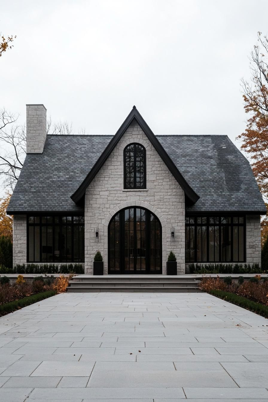 contemporary french cottage style house with multiple pitch roof chimnay limestone brick siding arched modern windows with detailing arched front