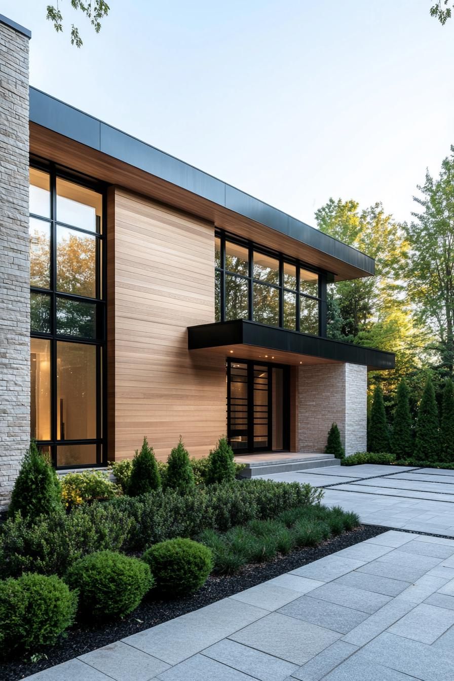 modern house with multi shade timber cladding large modern windows with black trim paved yard with geometric shrubs 2