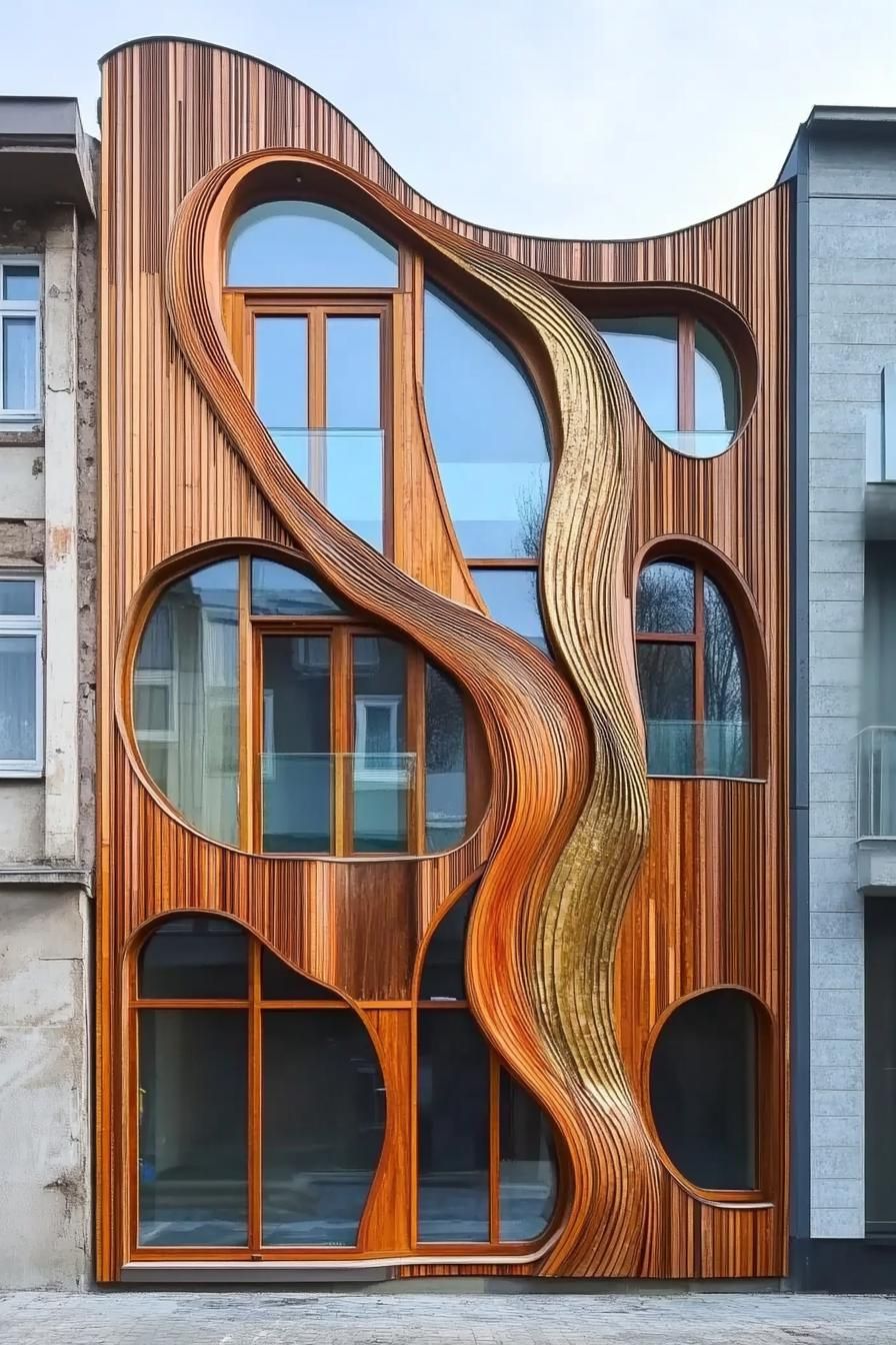 Curvy wood facade with flowing design