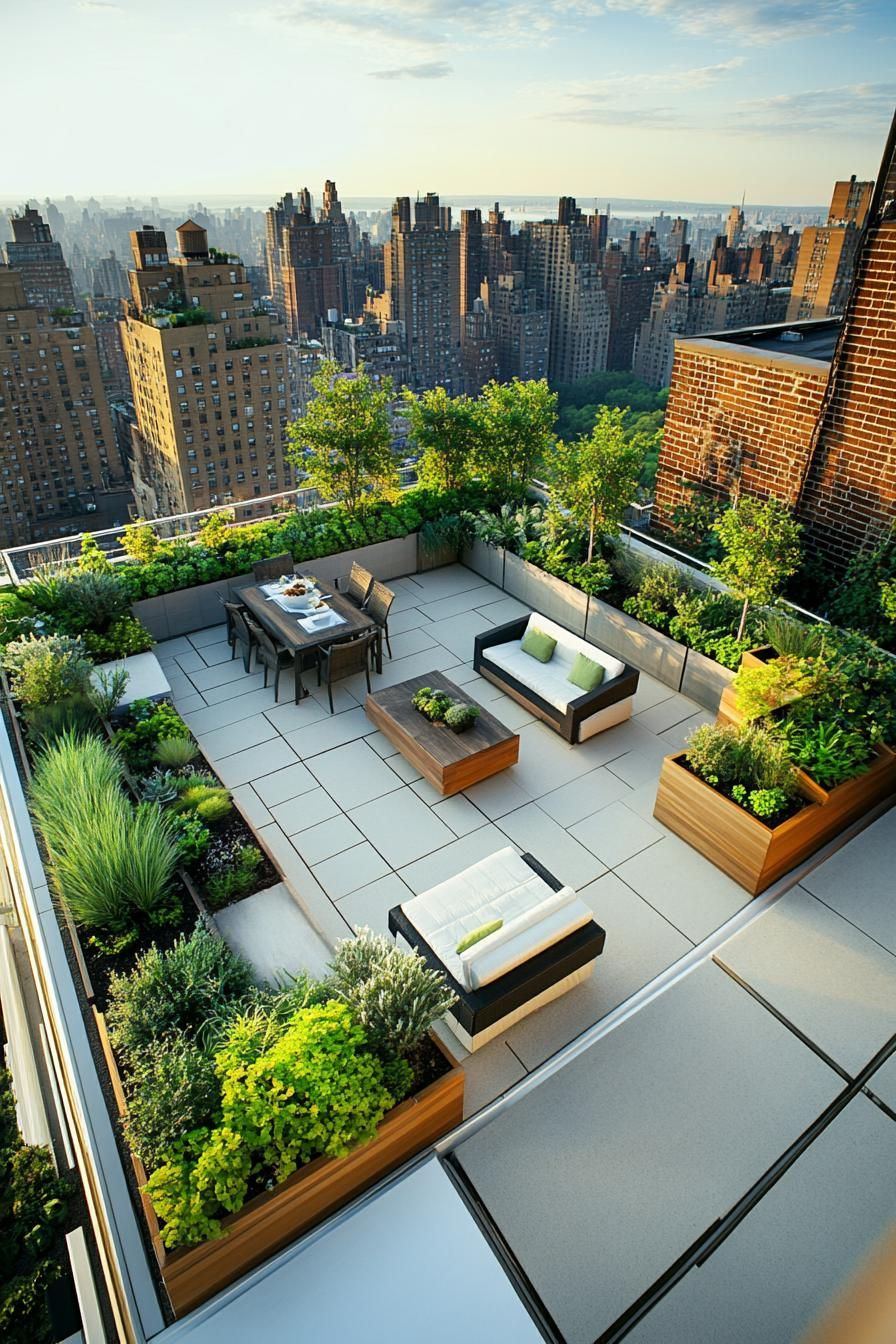 rooftop terrace bordered with planter beds with lush native plants paved deck with modern furniture