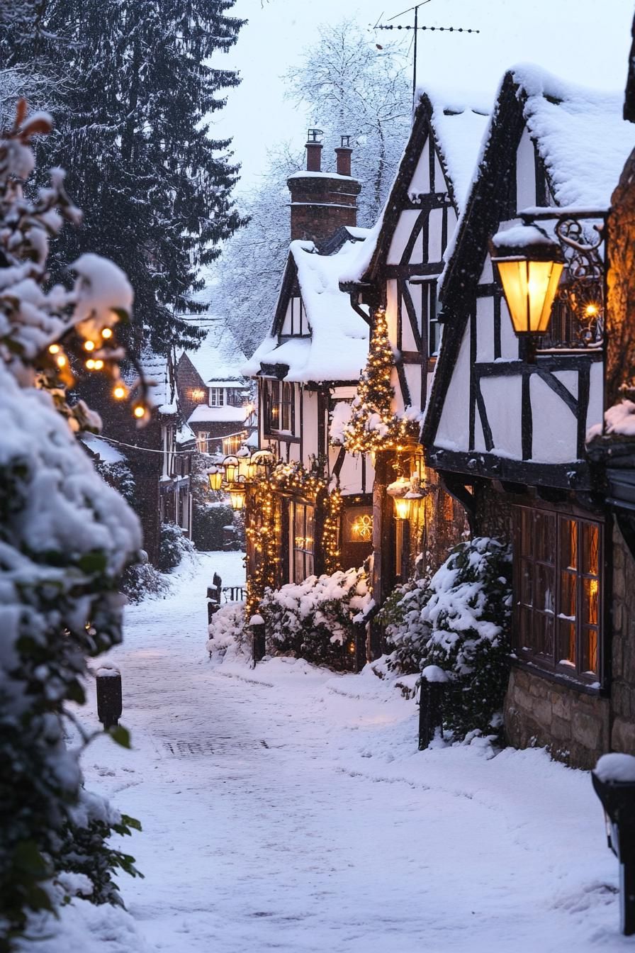 winter wonderland narrow street wiht tudor style cottage houses all decorated with string lights there are small fir trees with string lights