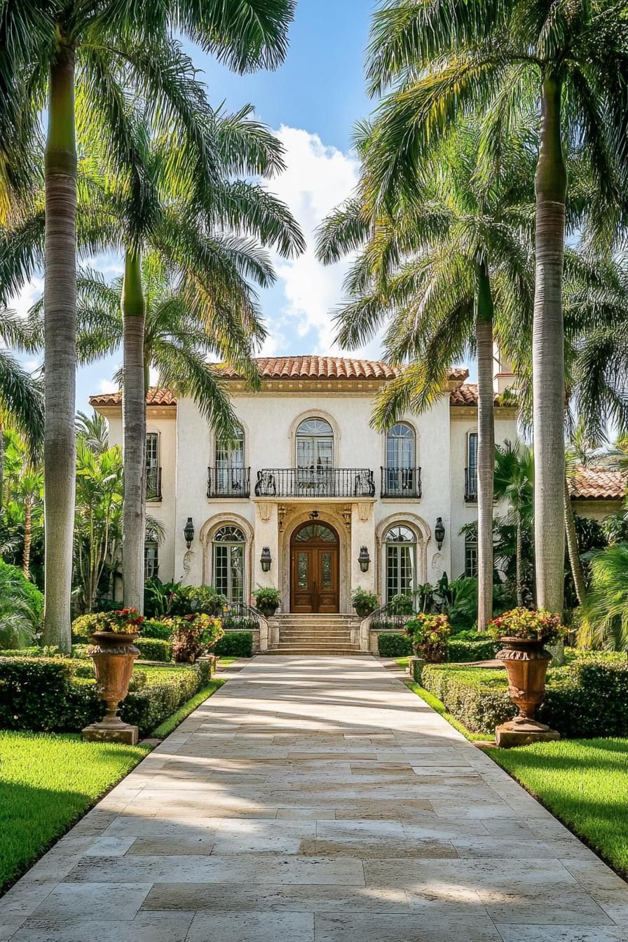 Elegant colonial-style house with tall palm trees