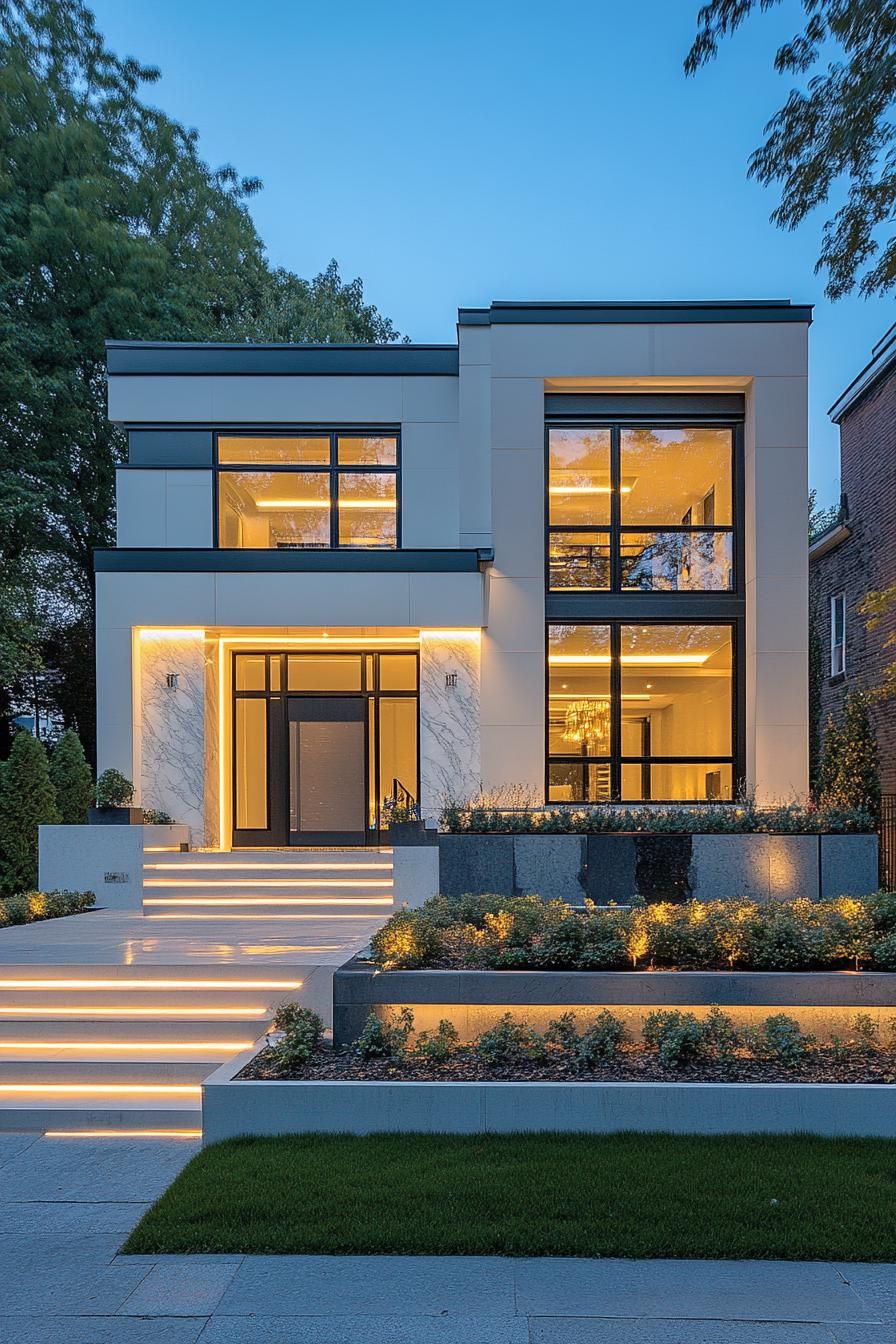 modern villa design with geometric cascading facade white siding inset windows with black trim large accent white marble front wall with LED