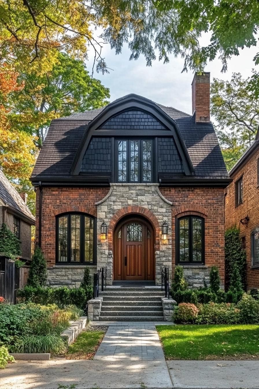 Brick and stone facade with arched windows and door