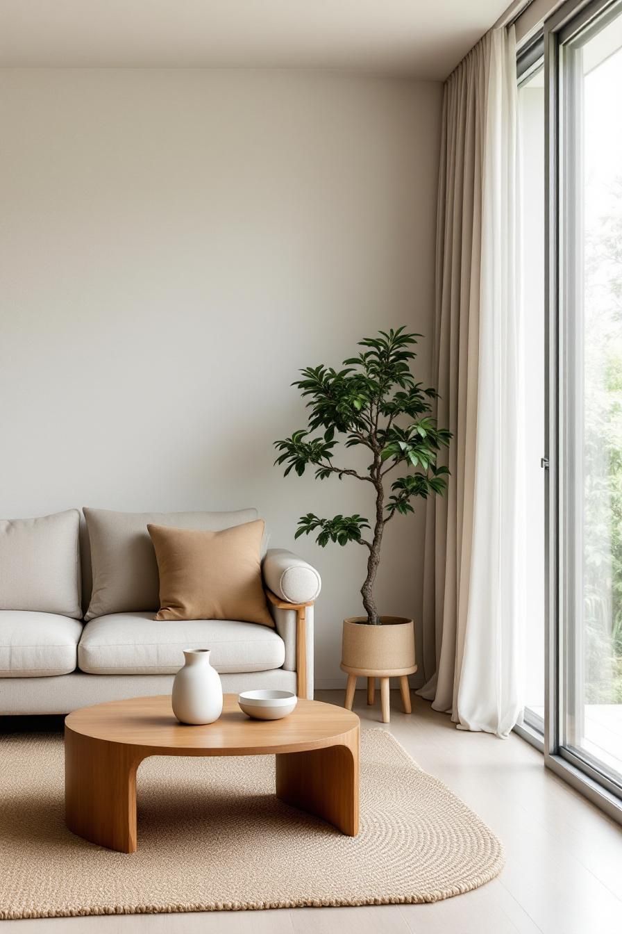 Modern minimalist living room with a plant and serene decor